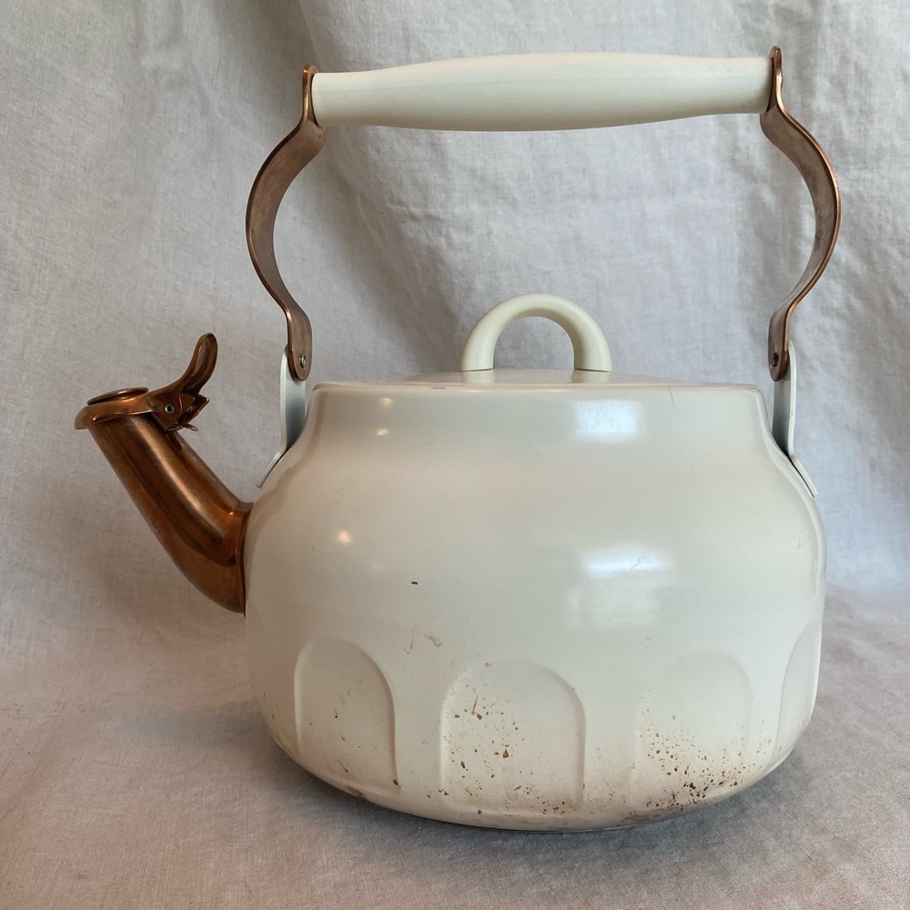 Cream Enamel Teapot with Copper Spout and Handle